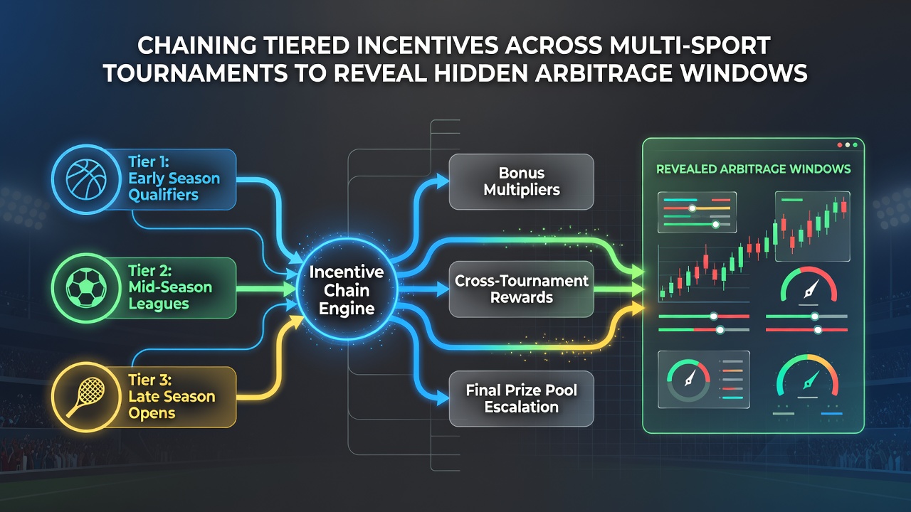 Diagram showing arbitrage calculation across cricket, tennis and basketball events with overlapping bonus tiers