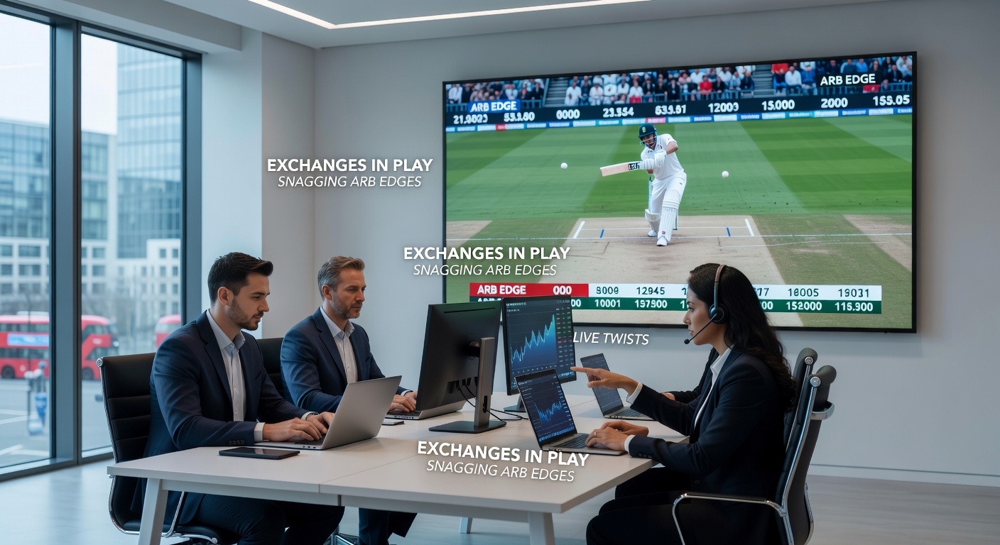 Live betting exchange dashboard displaying arbitrage opportunities during a dramatic cricket wicket fall