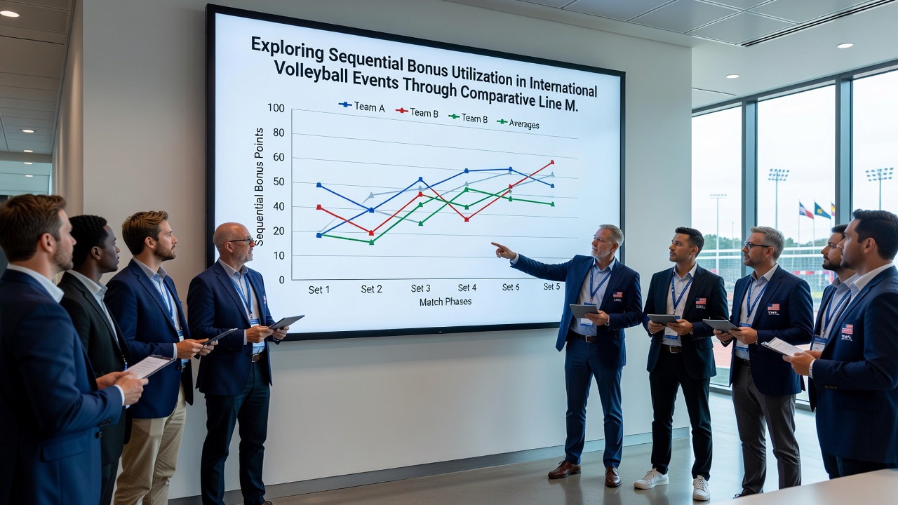 Analysts reviewing live volleyball betting lines on multiple screens during an international tournament