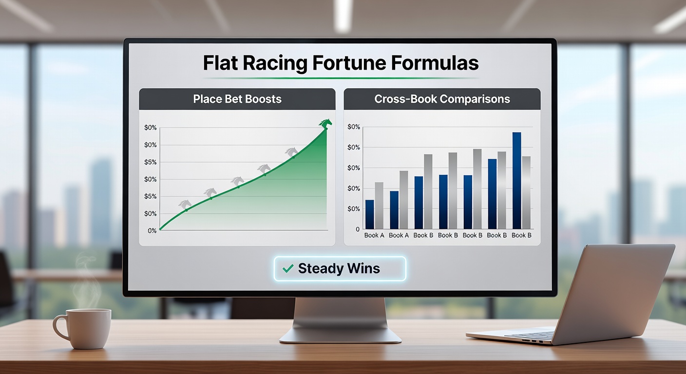 Close-up of betting odds screens comparing place prices across multiple sportsbooks for a flat racing event