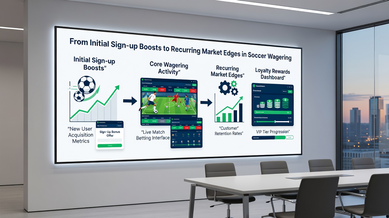 Soccer bettors reviewing recurring bonus structures and live market edges on UK operator dashboards