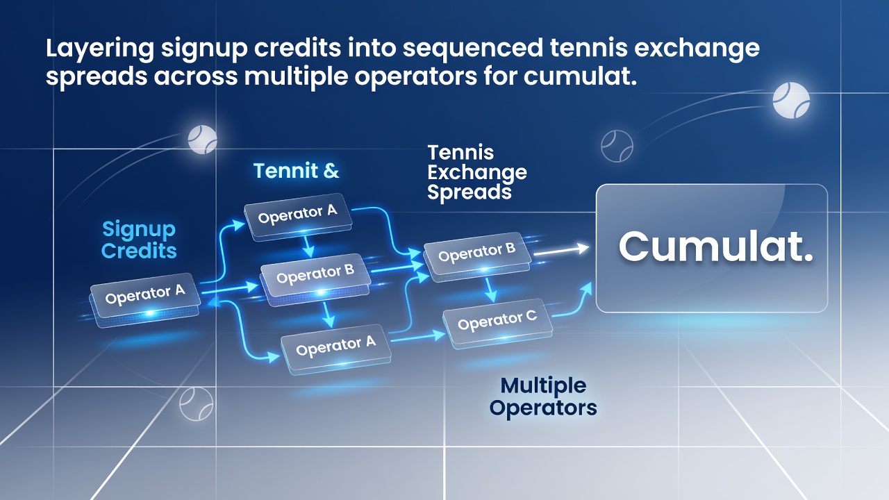 Close-up of betting terminal displaying sequenced credit balances and tennis spread positions across operators