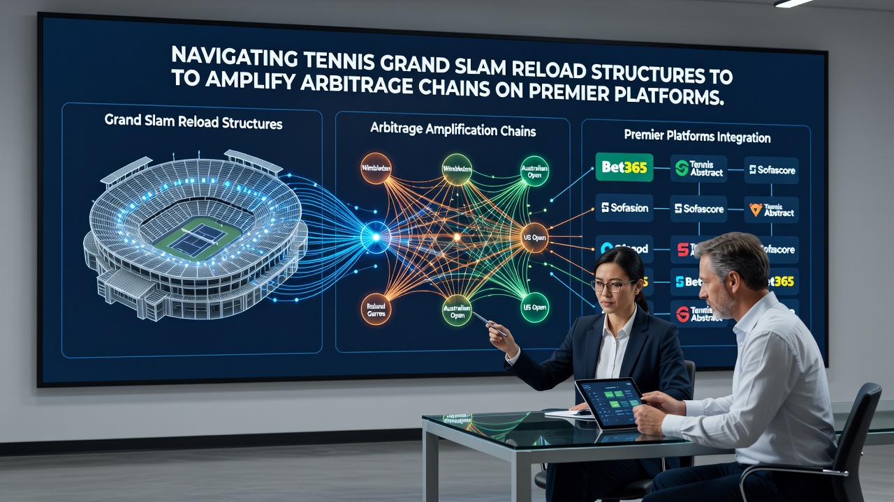 Split screen showing tennis court action alongside arbitrage calculation software on desktop and mobile devices