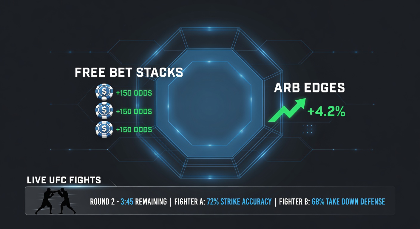 Close-up of a UFC betting interface displaying live arbitrage opportunities with mismatched odds across multiple sportsbooks during an intense fight moment