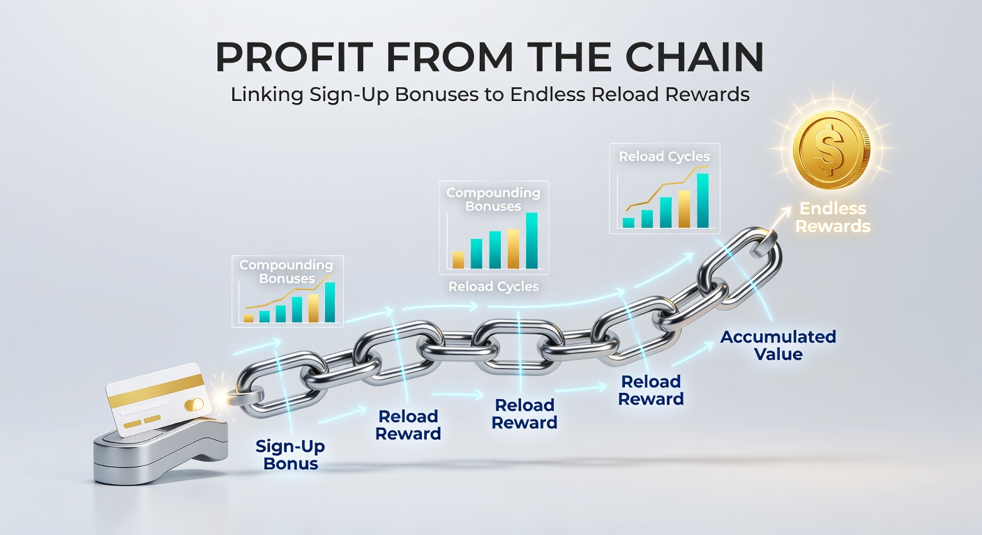 Infographic flowchart showing bonus chaining process from initial sign-up deposit through multiple reload cycles to profit withdrawal