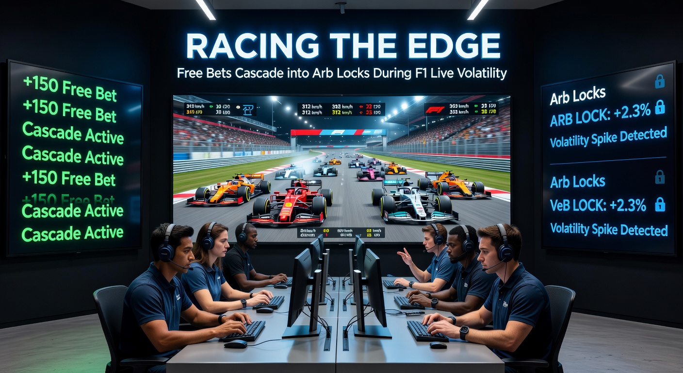 Live betting interface showing F1 odds shifting rapidly during a safety car period, with free bet icons and arbitrage calculator overlay