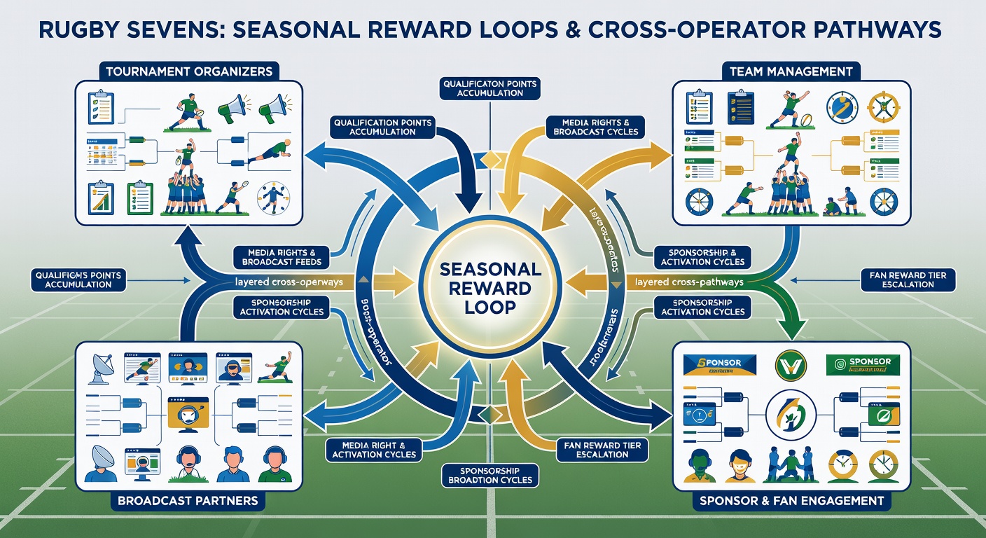 Infographic displaying interconnected betting platforms and seasonal reward cycles for rugby sevens events