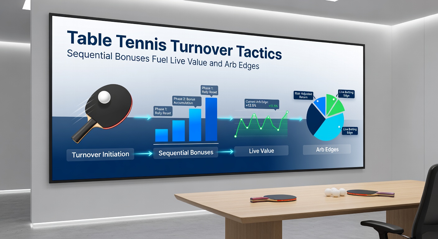 Close-up of a table tennis table with overlaid betting odds screens, illustrating live value and arb setups