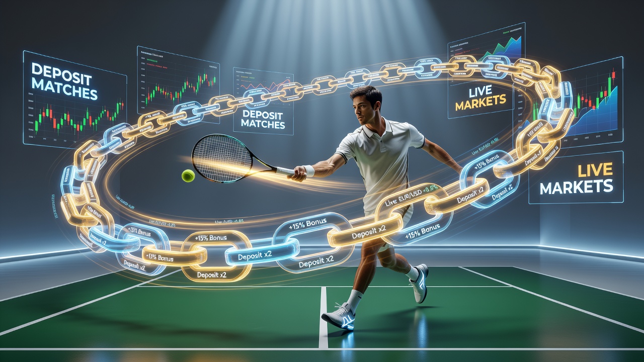 Close-up of a tennis racket striking a ball with digital odds overlays and bonus notification icons appearing on screen