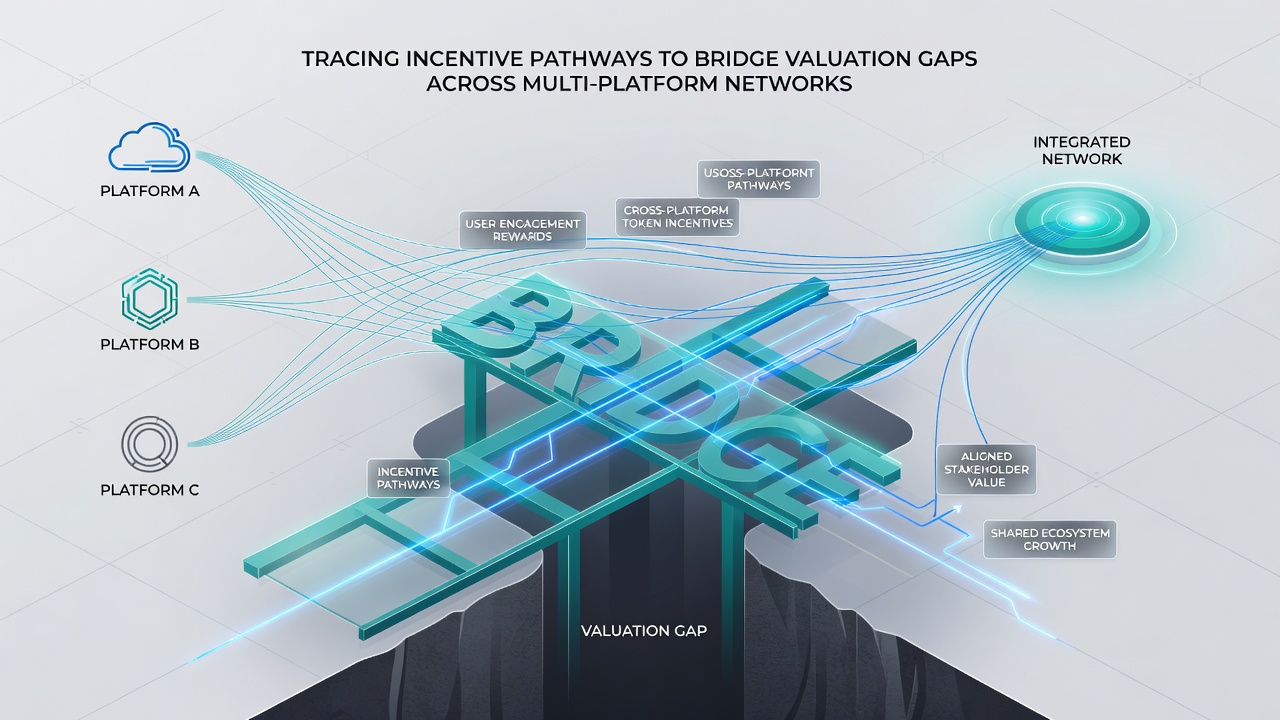 Visualization of multi-platform incentive pathways with highlighted valuation gap corrections and data flow arrows