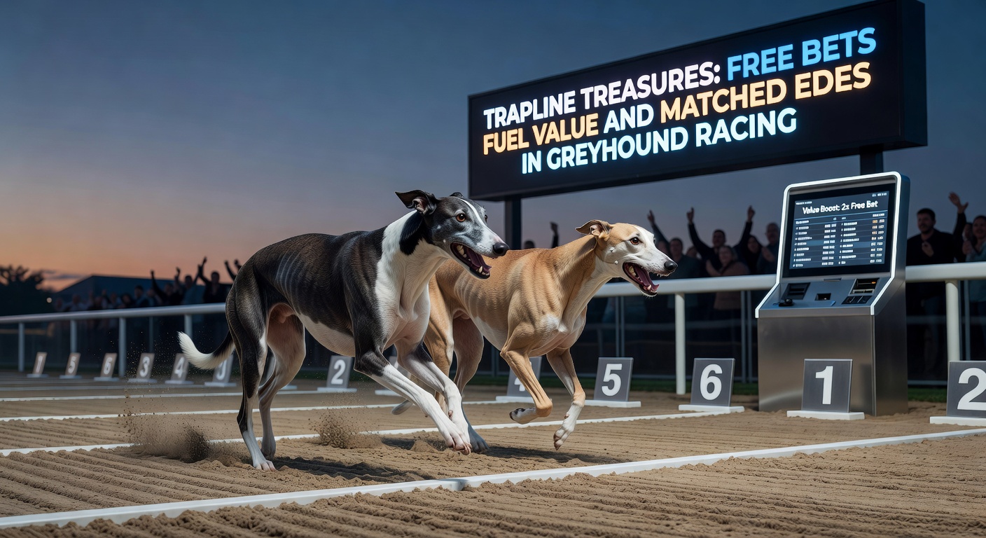 Betting interface displaying greyhound odds for traplines alongside free bet promotions and exchange lay options
